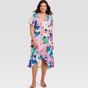 Ava Viv Midi Wrap Dress Flutter Sleeve Floral Abstract Strokes Ava & Viv NWT